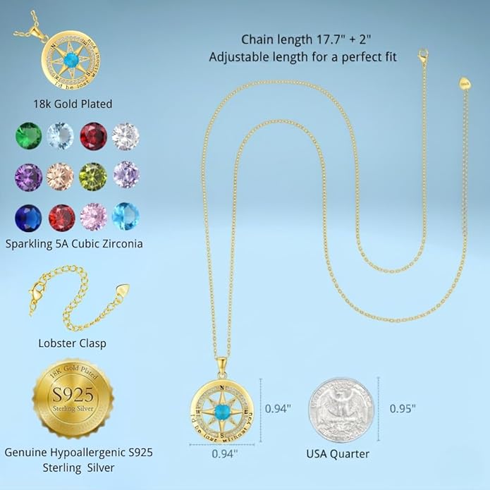 Compass Necklace for Women Wife Girlfriend Mom Daughter Gifts S925 Silver Jewelry For Anniversary Rose Gold Gifts For Birthday Christmas Mothers Valentines Day 12 Birthstones