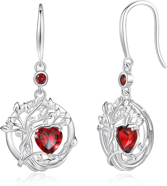 FANCIME Tree of Life Dangle Drop Earrings 925 Sterling Silver Dainty Round Gemstone Birthstone Earring Fine Jewelry Birthday Christmas Gifts for Her Women