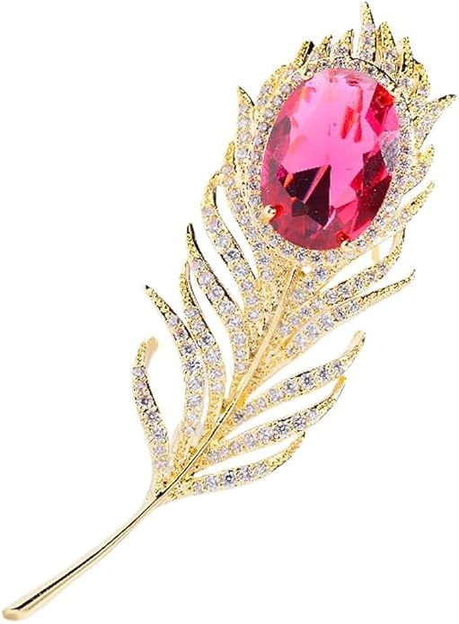 14K Gold Feather Brooch Pin with Moissanite Inlay - Elegant Coat and Suit Accessory for Women, Fashionable Business Attire Enhancement