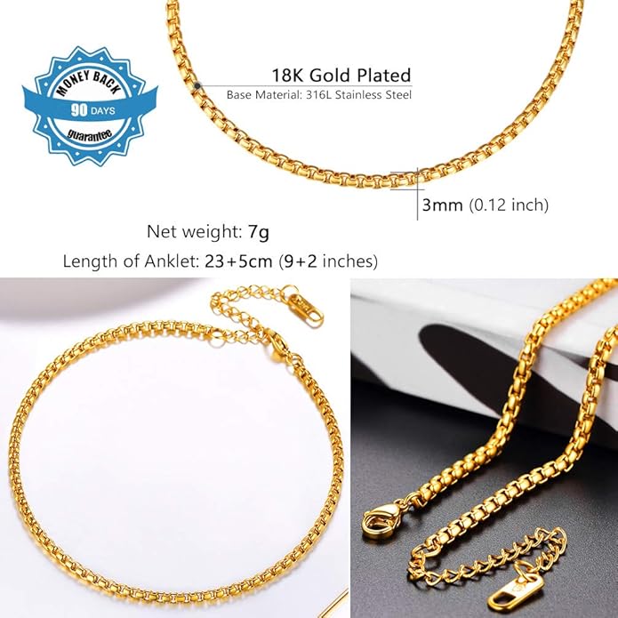 PROSTEEL Stainless Steel Chain Anklets for Women, Silver/Gold Tone, Ankle Bracelets Hypoallergenic, 8-10.5 Inch Adjustable, Come with Box