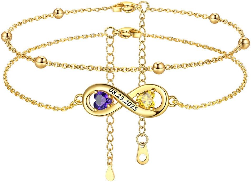 Custom4U Personalized Infinity Ankle Bracelets for Women 925 Sterling Silver Anklet Bracelet Endless Love Symbol Birthstone Charm Adjustable Foot Chain Jewelry Mothers Day Gifts for Mom Wife Women Her