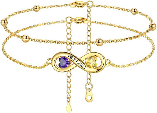 Custom4U Personalized Infinity Ankle Bracelets for Women 925 Sterling Silver Anklet Bracelet Endless Love Symbol Birthstone Charm Adjustable Foot Chain Jewelry Mothers Day Gifts for Mom Wife Women Her