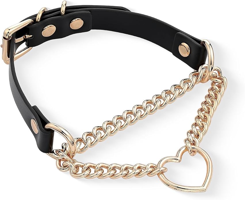 Black/Pink Leather Choker Necklace For Women, Handmade Adjustable Chain Collar with Metallic Heart Ring