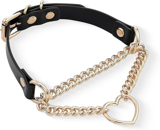 Black/Pink Leather Choker Necklace For Women, Handmade Adjustable Chain Collar with Metallic Heart Ring