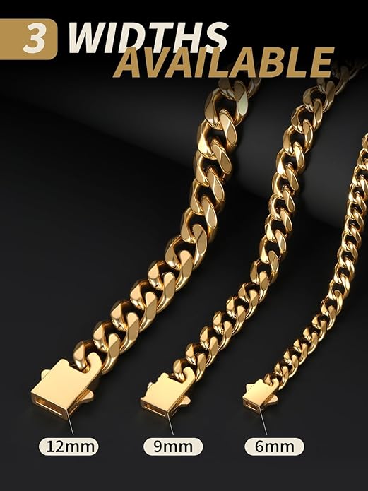 FindChic Cuban Link Chain for Men, 6/9/12mm Necklace Chain, Black/Gold Plated/Stainless Steel Necklace, Hypoallergenic & Tarnish-Proof Men's Jewelry Hip Hop Accessories, 18-30" Length Options