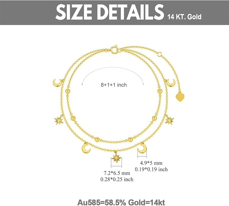 SISGEM 14K Yellow Gold Star Moon Anklet for Women,Real Gold Beads Station Anklet Bracelet Tassel Double Foot Link Beach Anklets Fine Jewelry Birthday Gifts for Her 8”+2”