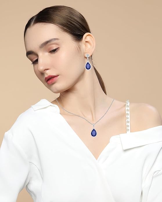 REASAYLL Jewelry Sets For Women 925 Sterling Silver Post Teardrop Dangle Stud Earrings Necklace Set Crystal Rhinestone Wedding Prom Costume Jewelry for Women