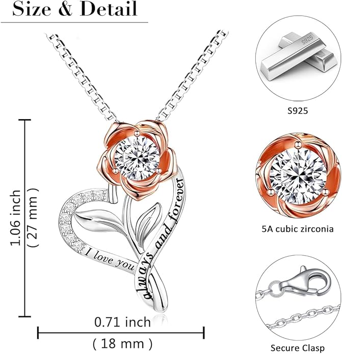 Heart Necklaces for Women Anniversary Birthday Valentine Gifts for Her Wife Girlfriend Gifts, I Love You Always And Forever Rose Flower Jewelry for Mom Daughter Sister Friend S925 Sterling Silver