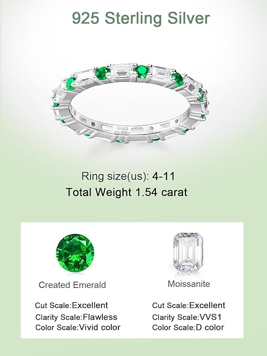 D Color VVS1 Clarity Moissanite and Sapphire/Ruby/Emerald Rings for Women, Solid 925 Sterling Silver, Anniversary Birthday Mothers Day Jewelry Gift, Stackable Wedding Ring, Size 4-11