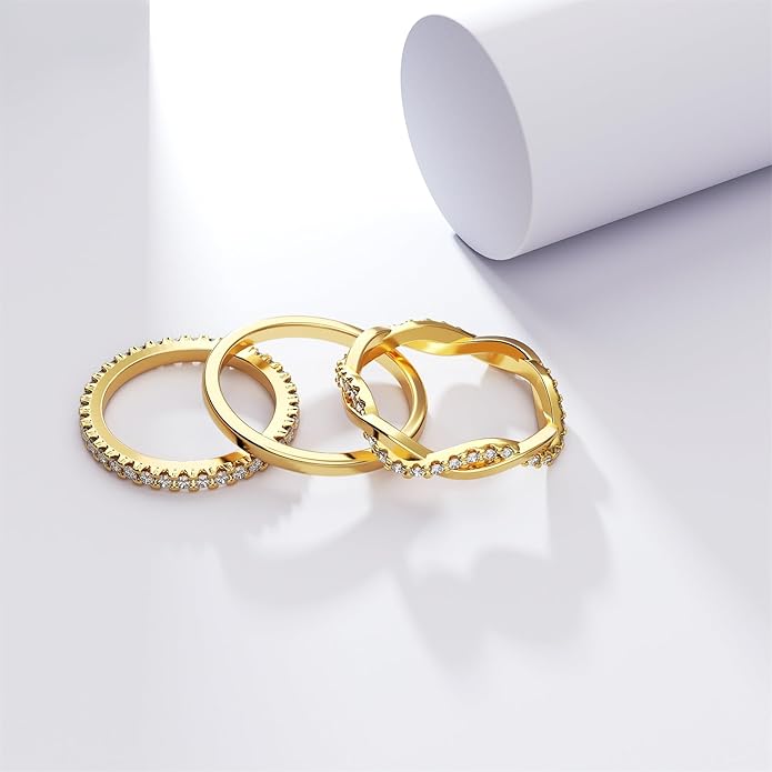 DEARMAY Stackable Gold Plated Rings for Women Non Tarnish, Dainty 14K Gold Diamond Rings Set Thumb Fashion Thin Cubic Zirconia Pack Simple Unique Statement Rings Jewlery 5/6/7/8/9/10