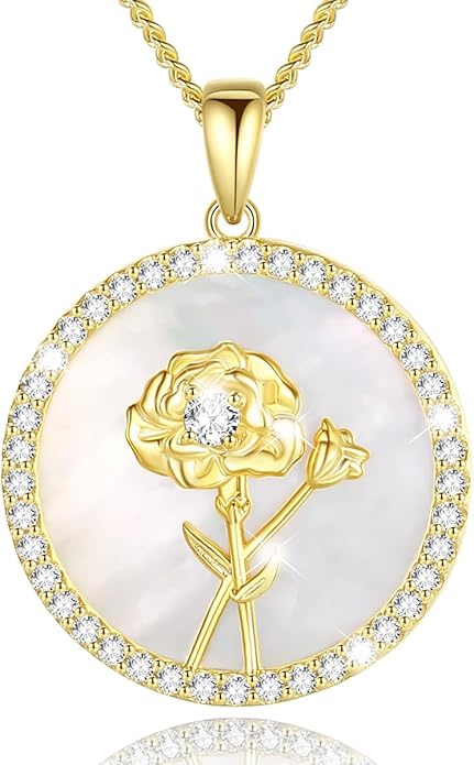 AGVANA Valentines Day Gifts Sterling Silver Birth Flower Necklace for Women Genuine Mother of Pearl CZ Round Disc Pendant Necklace Fine Jewelry Anniversary Birthday Gifts for Women Wife Mom Her