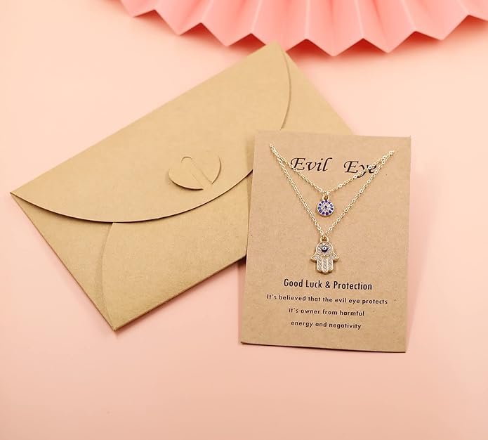 Baydurcan Dainty Evil Eye Necklace and Hamsa Necklace Turkish Blue Eye Hand Pendant Necklace 3pcs Lucky Jewelry Gift for Women