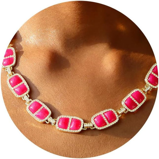 Chunky Necklace for Women 12 Colors Diamond Stone Gold Statement Necklace for Women Full Trendy Blue Birthstone Choker Necklace for Women Square Design Necklace Jewelry