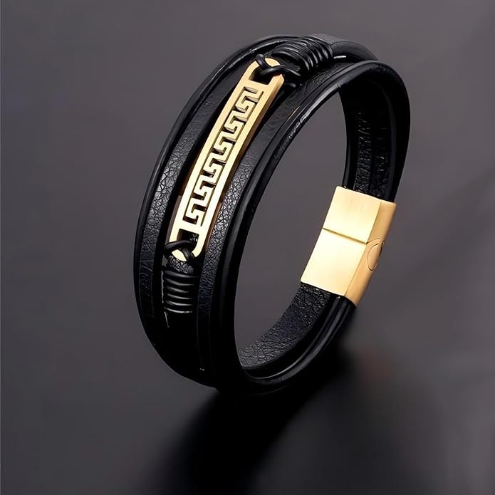 Italian Handmade Genuine Leather Bracelets for Men Stainless Steel Clip, Men's Casual Genuine Multi-layer Cuff Bracelet, Bracelet Gift for Real Men