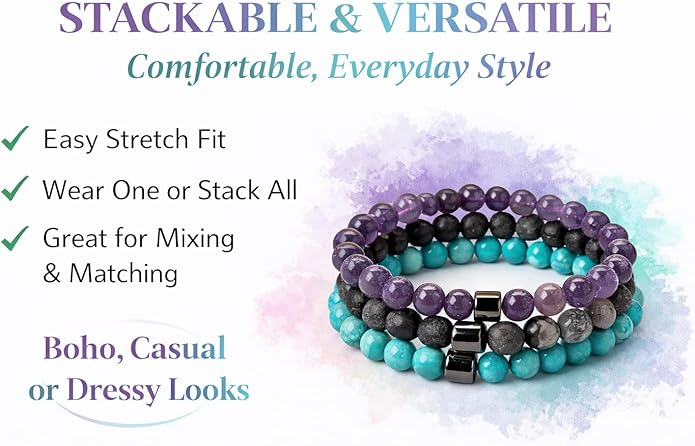 NurtureNest Co. Beaded Bracelet Set for Women & Men – 6-Pack Mixed Stone Stretch Bracelets, Stackable Fashion Jewelry, Neutral & Colorful Styles