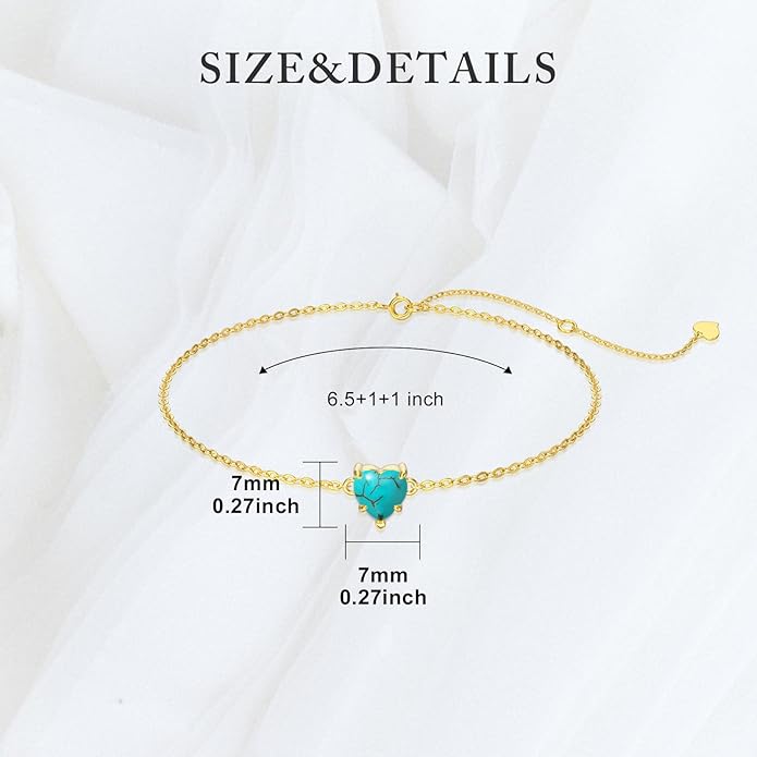 14k Gold Love Heart Gemstone Bracelet for Women,7MM Heart-cut Created Birthstone Anniversary Birthday Mother's Day Bracelets Jewelry for Mom Her 6.5''+2''