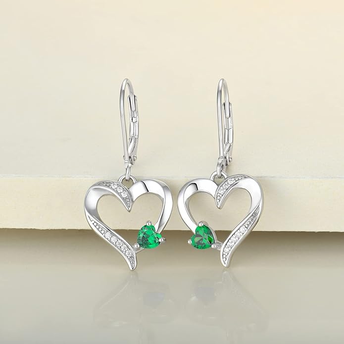YL Heart Dangle Earrings 925 Sterling Silver Drop Earrings Birthstone Leverback Jewelry for Women