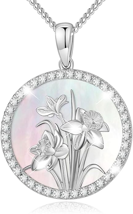 AGVANA Valentines Day Gifts Sterling Silver Birth Flower Necklace for Women Genuine Mother of Pearl CZ Round Disc Pendant Necklace Fine Jewelry Anniversary Birthday Gifts for Women Wife Mom Her