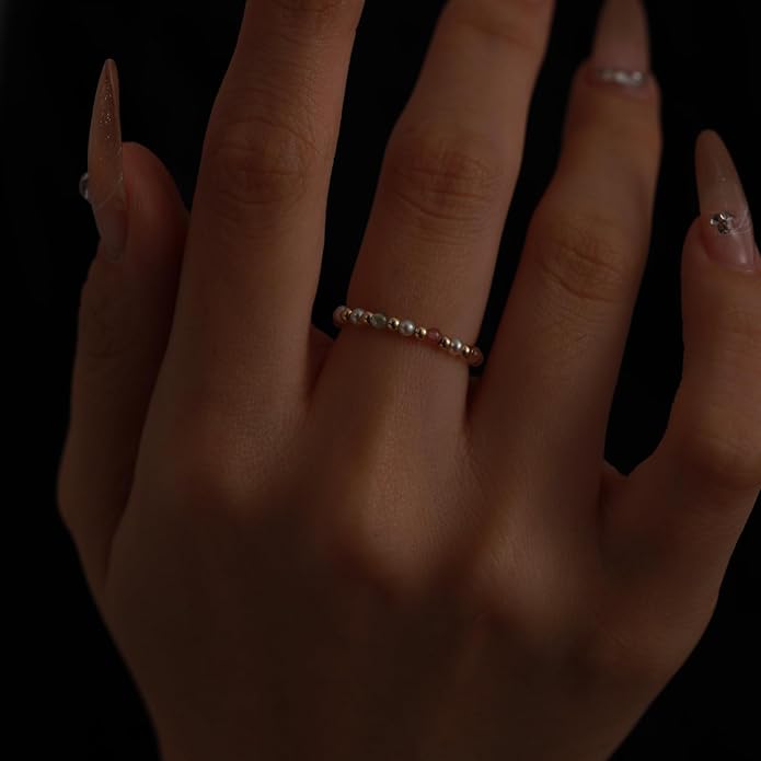 2-2.5mm 14k Gold Filled Rainbow Ring Stackable Round Natural Colored Crystal Freshwater Pearl Ring Gift for Women