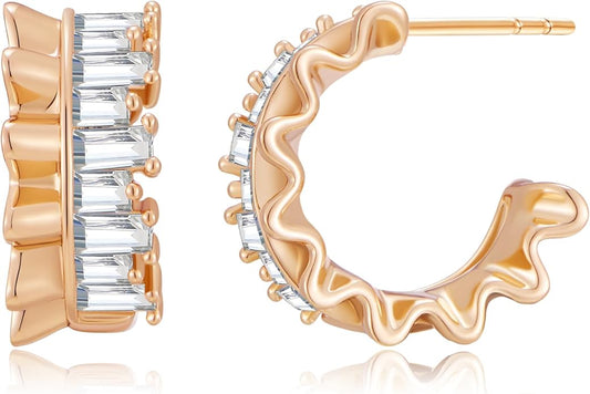 14K Gold & Rose Gold Hoop Earrings for Women, Chunky Huggie Half Hoops Earrings, Hypoallergenic Non Tarnish Cubic Zirconia Trendy Minimalist Everyday Jewelry Gift
