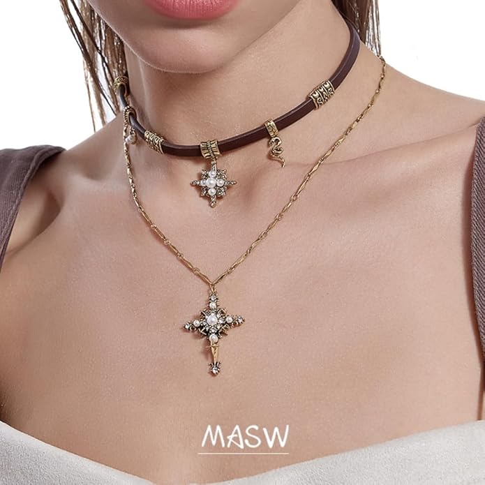 Retro stylish Star Cross Pendant Necklace Faux Leather Women's Collar Personalized Double Layer Necklace M2592