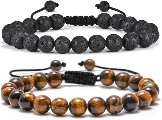 M MOOHAM Natural Stone Bracelets for Men - 8mm Tiger Eye, Matte Agate, Lava Rock - Teen Boys Gifts for Birthday, Anniversary, Christmas