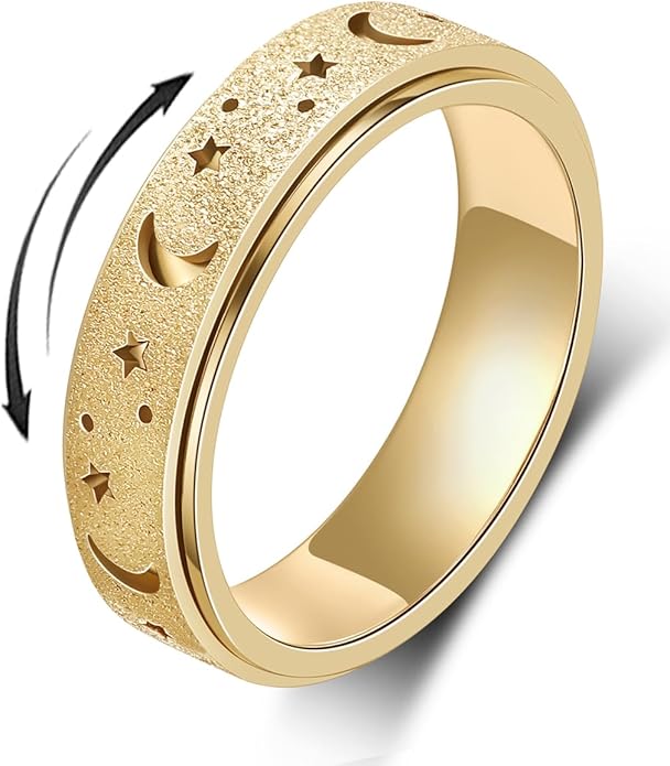 AmorArtSky Anxiety Ring for Women Men, Titanium Stainless Steel Spinner Ring, 5 Colors, 6MM, Size 6-10, 3 Styles Anxiety Ring-Moon Star, Sandblasted Finished, Hollow Outer