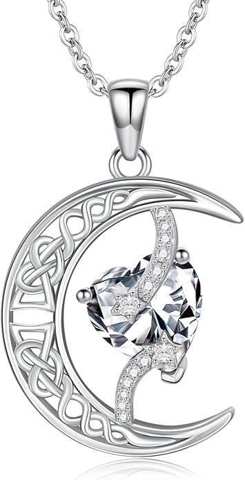 TOUPOP Moon and Star Birthstone Necklace for Women 925 Sterling Silver Celtic Moon Jewelry Birthday Christmas Gifts for Her Girlfriend