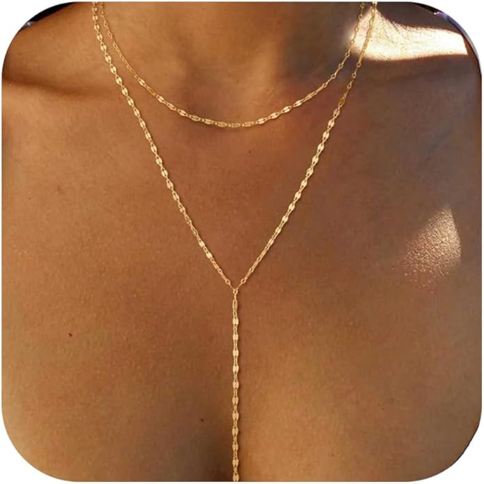 Lariat Necklace for Women, Dainty Long Necklaces, 14k Gold/Silver Plated Y-Shaped Drop Chain Necklace, Simple Layered Necklaces, Trendy Jewelry Gifts for Her