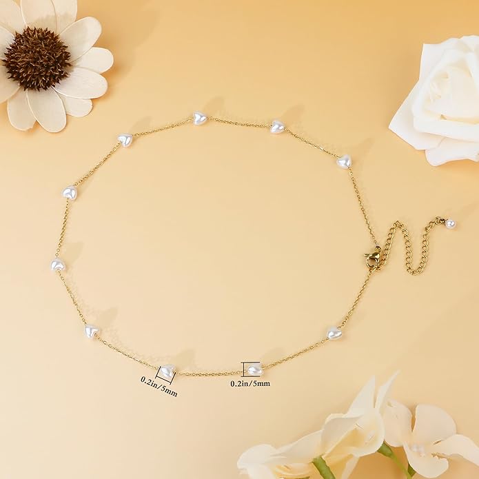 SmileBelle Pearl Necklaces for Women, Daisy Pearl Choker as Y Shaped Pearls Jewelry Gold Heart Necklace for Anniversary Birthday Gifts White Baroque Necklace as Wedding Jewelry