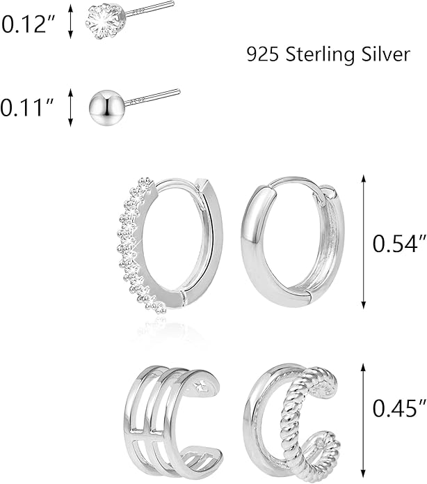 Stud Earrings for Women Hypoallergenic Sterling Silver Post Hoop and Studs Earrings Set for Multiple Piercing Small Ball Cubic Zirconia Earring Studs for Women Trendy Jewelry Gifts（6 Pairs）
