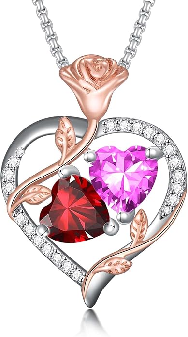 Christmas Gifts for Women Rose Heart Birthstone Pendant Necklace I Love You Forever Jewelry Valentine Mothers Day Birthday Gifts for Women Her Wife Girlfriend