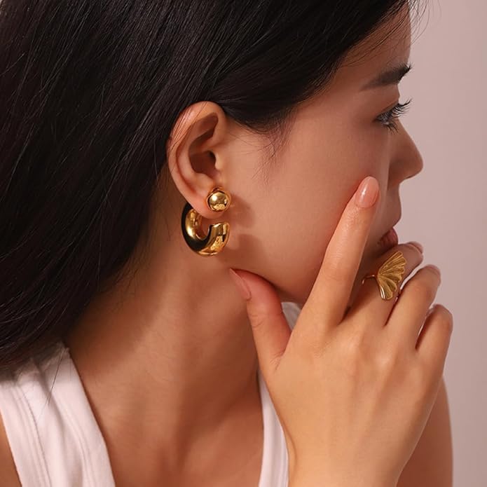 8YEARS Chunky Gold Hoop Earring for Women, 18K Gold Plated Lightweight Thick Hoops, Hypoallergenic Trendy Jewelry for Gift