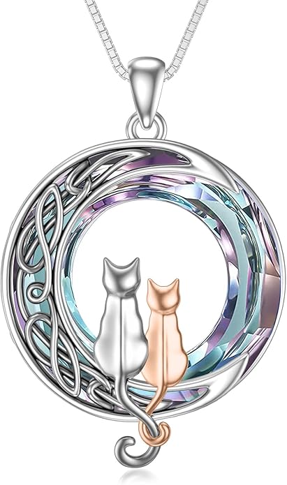 TOUPOP Christmas Cat Gifts for Cats Lovers One Two Three Four Cats Necklace Sterling Silver Cats on the Moon Pendant Necklace with Blue Circle Crystal Birthday Christmas Celtic Jewelry Gifts for Women