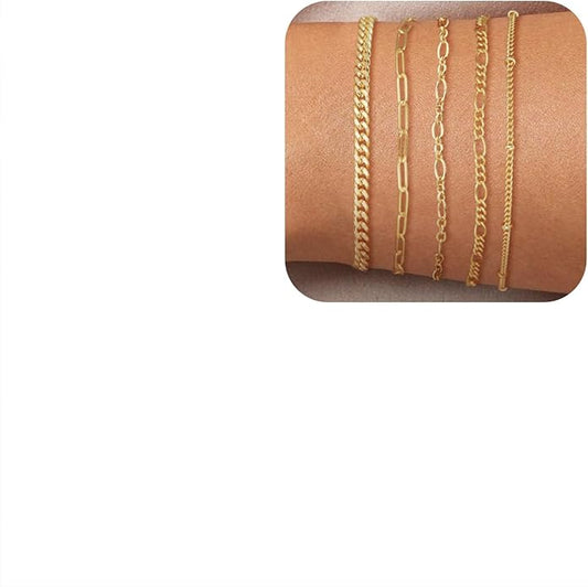 DEARMAY 14K Gold Plated Bracelets for Women Waterproof, Jewelry Sets Trendy Thin Dainty Stackable Cuban Link Paperclip Chain Bracelet Pack Fashion Accessories Gifts for Womens