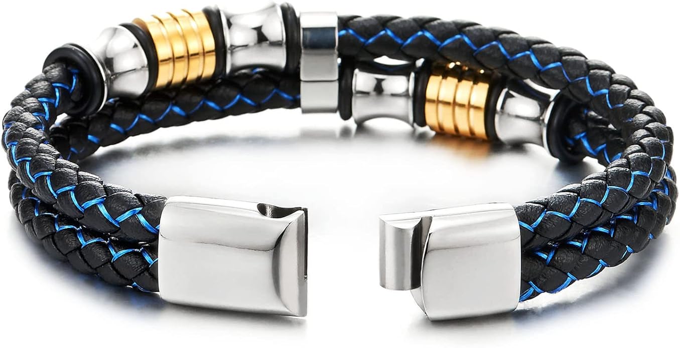 COOLSTEELANDBEYOND Mens Double-Row Braided Leather Bracelet Bangle Wristband with Stainless Steel Ornaments
