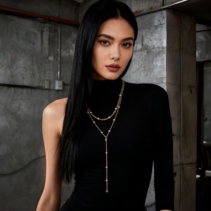 Gold Plated Long Necklace for Women, Layered Y-Shape Lariat Drop Pendant Chain with Beaded Accents, Adjustable Dainty Simple Trendy Jewelry Gift ﻿