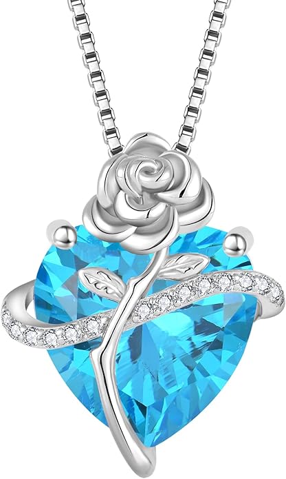 Birthstone Necklace for Women 925 Sterling Silver Love Heart Rose Flower Necklace Dainty Jewelry Gifts for Women Wife Girlfriend Mother Daughter Her