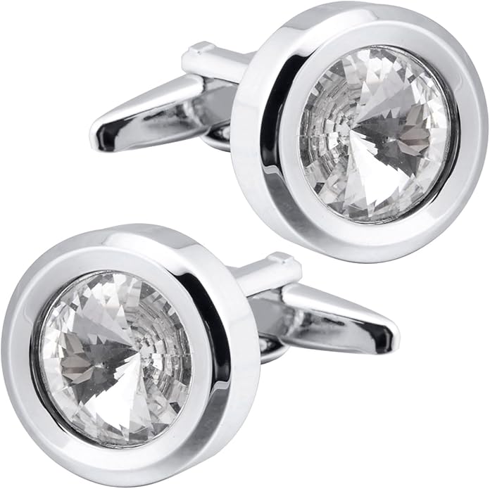 ZEEY Silver Round Crystal Gemstone Cufflinks for Men Women Classic Men's Cufflink Jewelry Set for Business Wedding Party Formal Events Daily Tuxedo Dress Shirt Accessories