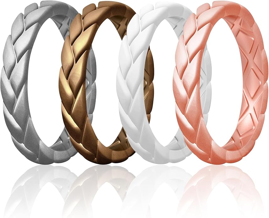 Egnaro Women's Silicone Stackable Rings 3.5mm Wide 2mm Thick, Rubber Flexible Hypoallergenic Wedding Bands For Workout Leaf Braided Fashion