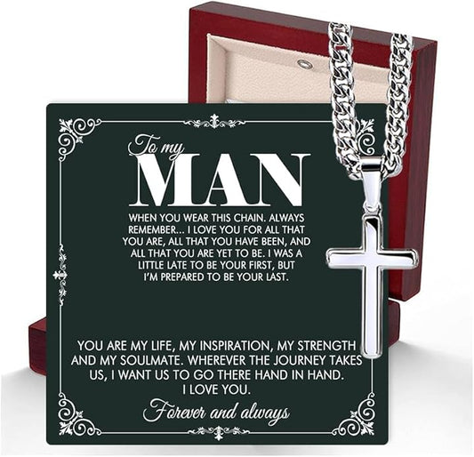 VIRAGIL To My Man Necklace Chain for Men, Silver Stainless Steel Chain Jewelry, Romantic Gift from Partner for Birthday Valentine or Everyday Wear with Meaning