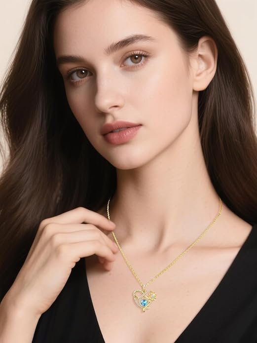 14K Gold Sunflower Heart Necklace for Women, You Are My Sunshine Jewelry with Birthstone Pendant, Anniversary Birthday Gifts for Her Wife Mom Grandma Daughter