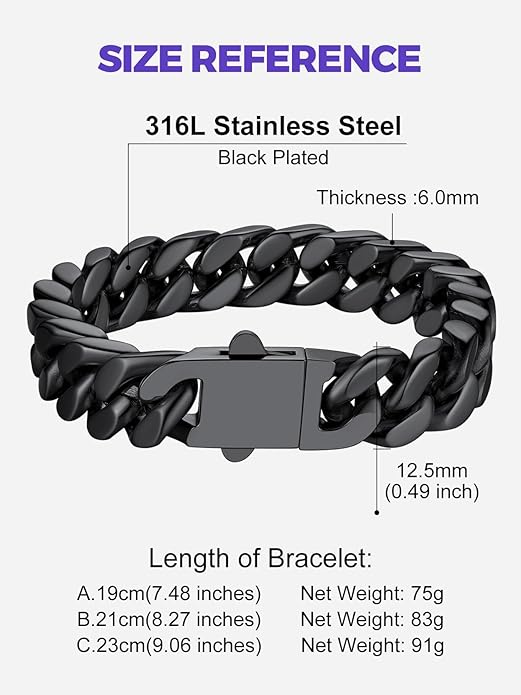 Richsteel 5/7/9/12mm Wide Miami Cuban Link Chain Bracelet for Men Women,Stainless Steel/Gold/Black Plated,7.4/8.2/9 Inch Length,Hip Hop Urban Street-wear Jewelry(Gift Wrapped)