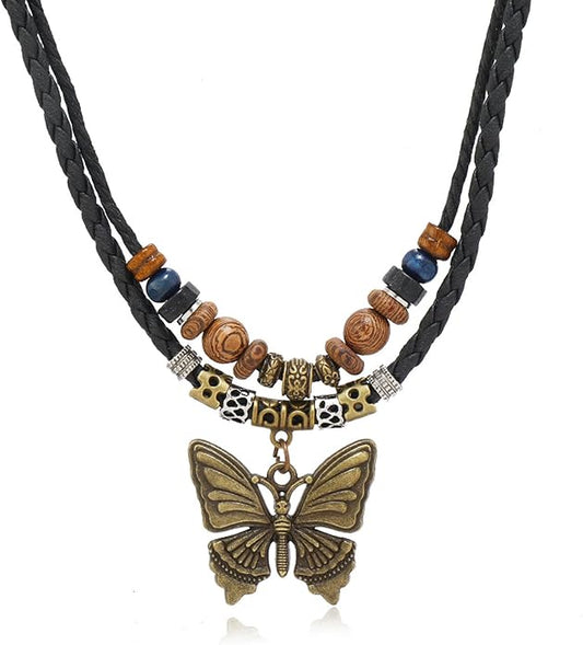 HETICA Boho Necklace for Women, Vintage Butterfly Necklace Adjustable Wooden Beads Layered Braided Necklace Fashion Tribal Style Leather Rope Necklace Jewelry