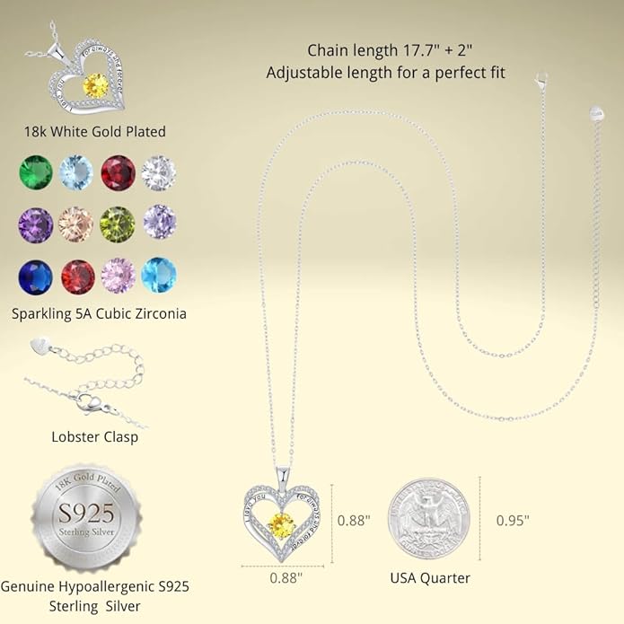 Birthstone Heart Necklace for Women Wife Girlfriend Mom Daughter Gifts S925 Silver Jewelry For Anniversary Rose Gold Gifts For Birthday Christmas Mothers Valentines Day