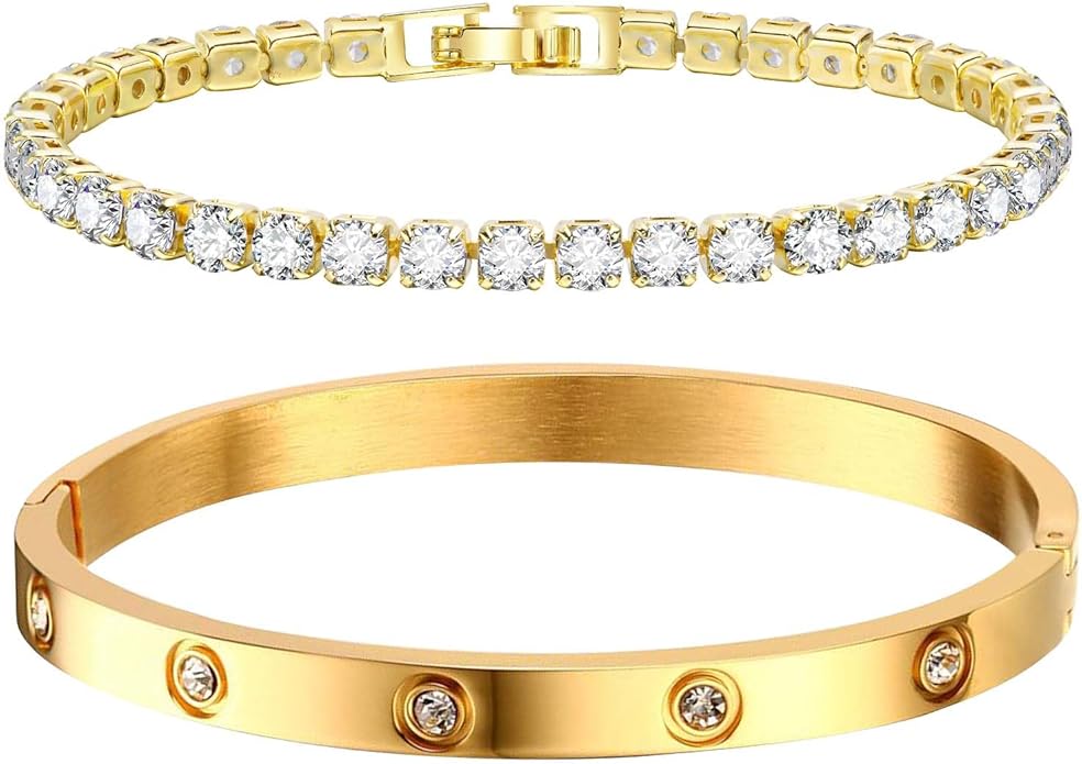 MPRAINBOW Gold Bracelets for Women, 2Pcs 18K Gold Plated Cubic Zirconia Bangle Crystal Friendship Bracelet Jewelry,Wedding Party Christmas Birthday Gifts for Her Girlfriend Sister Daughter