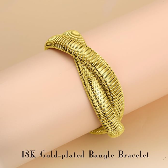 Emibele Gold Bangles Bracelet Set for Women, 18K Gold Plated Chunky Stainless Steel Non Tarnish Stretch Bracelet Stack, Flexible Wide Wristband Bangle Layered Snake Chain Bracelets