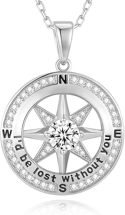 Mkhhy Compass Necklace for Women Jewelry For Her White Gold and Yellow Gold I'd Be Lost Without You(18k Real Gold Filled With S925)