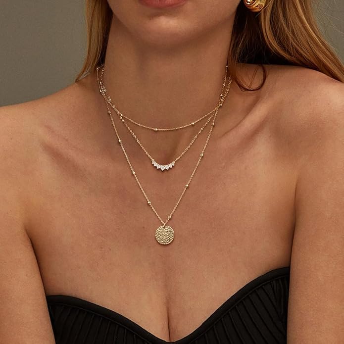 Layered Gold Silver Necklaces for Women, Stackable Stack 14K Real Gold Plated Silver Chain Necklace Diamond Circle CZ Layering Pendant Necklaces Trendy Gold Jewelry Set Gifts