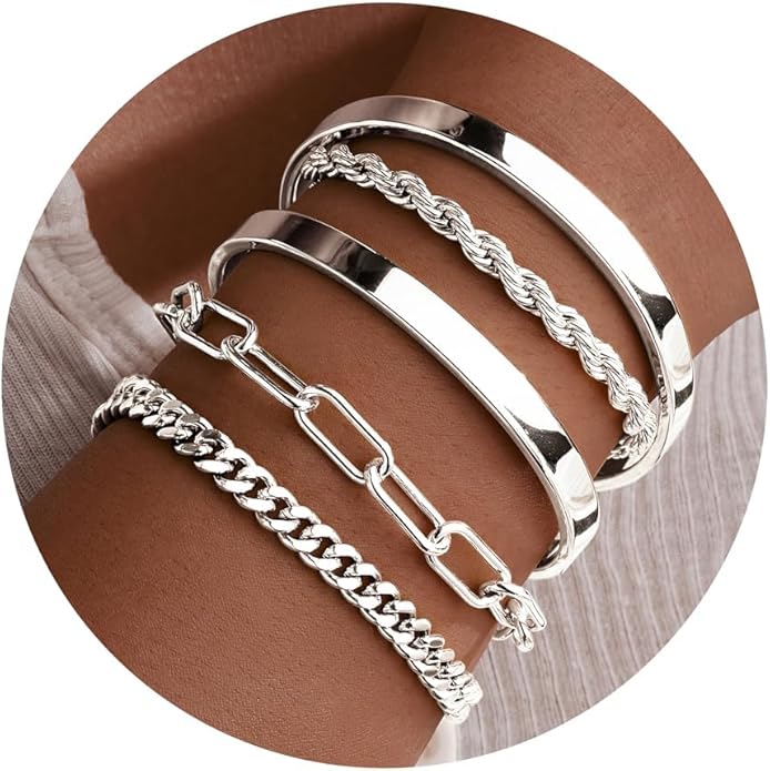 Gold Bracelets for Women Non Tarnish, 14K Gold Plated Chunky Cuff Bracelet Gold Bangles Bracelet for Women Trendy Tie Knot Cuban Rope Paperclip Beaded Bracelet Stack Jewelry Gifts